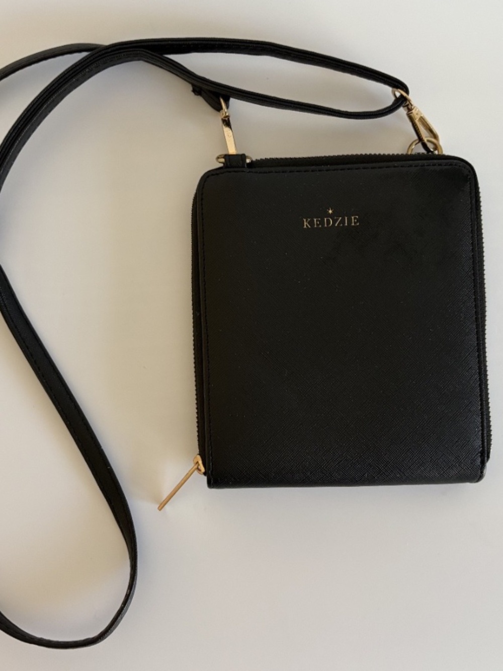 Kedzie Black Crossbody Bag Adjustable Strap Zipper Gold Hardware Inner Pockets